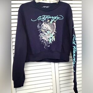 ED HARDY Navy crop Sweatshirt with Teal color & Koi design and back logo